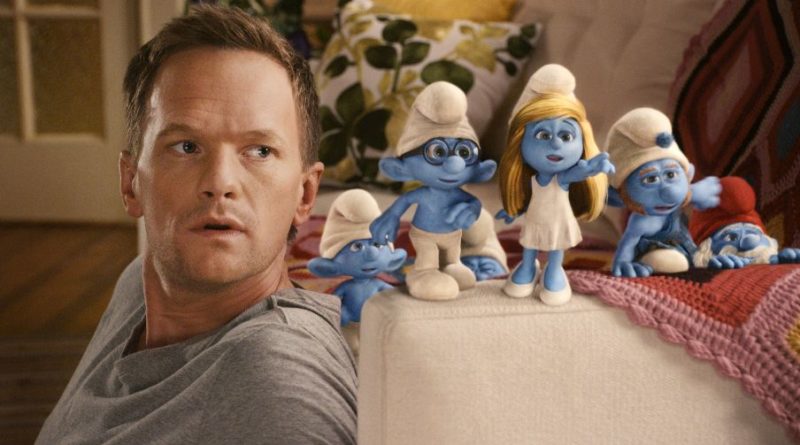 Neil Patrick Harris as "Patrick" with Clumsy, Briany, Smurfette, Gutsy and Papa Smurf in Columbia Pictures' THE SMURFS. Štrumfovi,