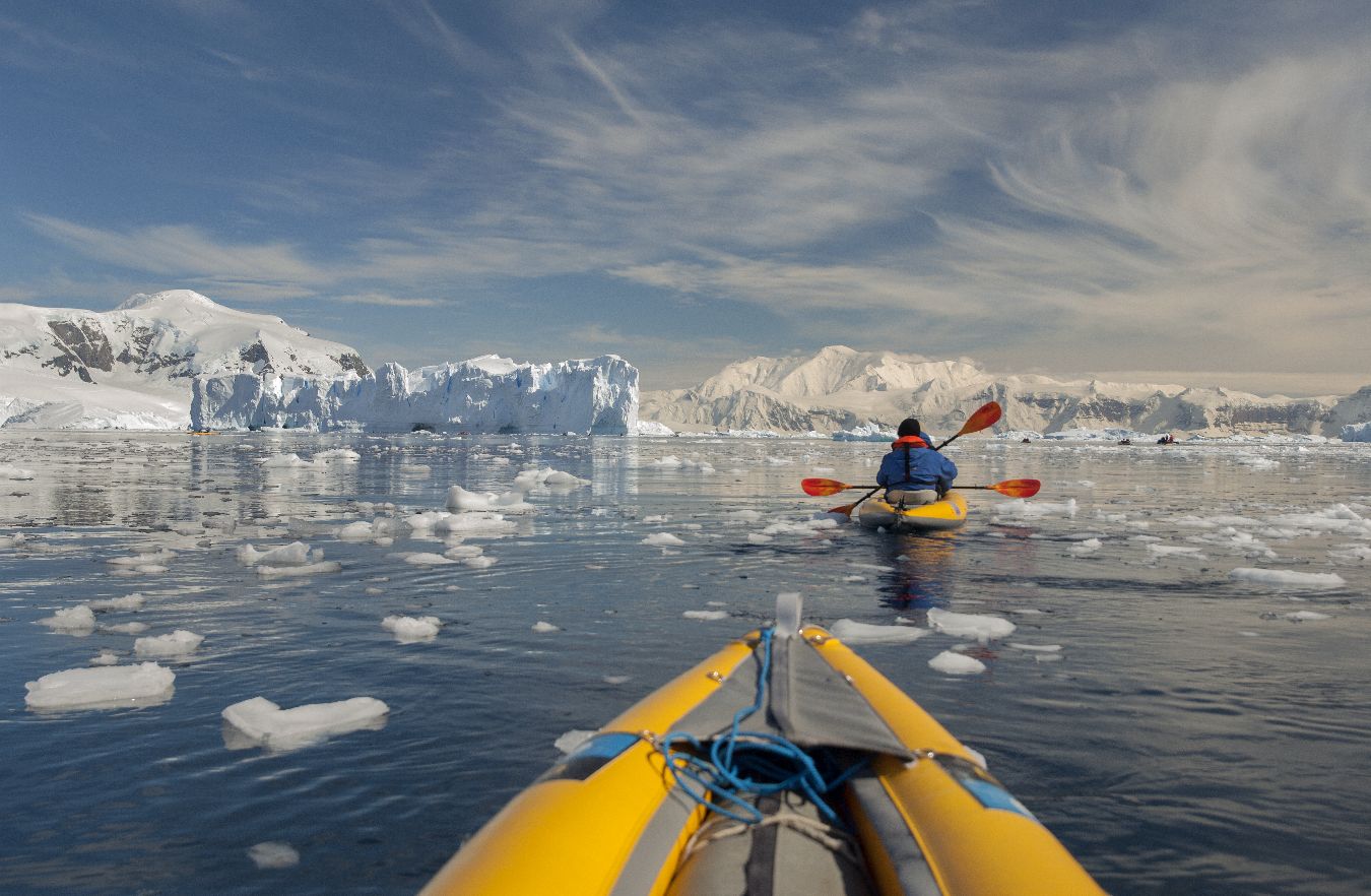 A point of view photo from a kayak in Neko Harbor, an inlet on the Antarctic peninsula. Situated on the west coast of Graham Land, Neko is part of Andvord Bay